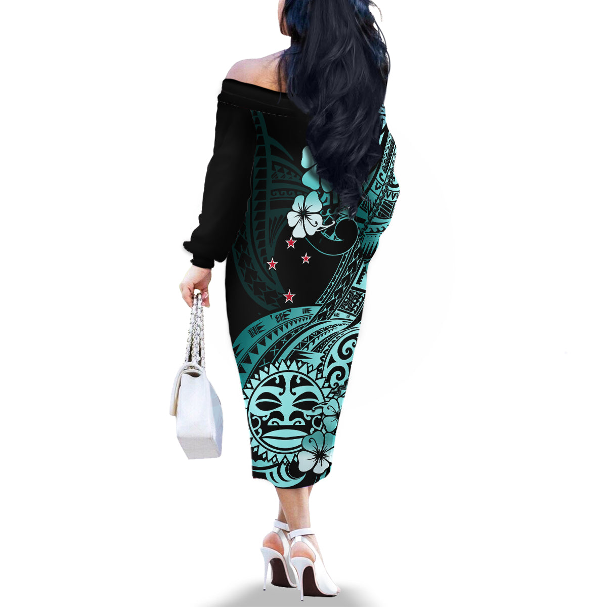 Aotearoa Kia Ora New Zealand Ta Moko Turquoise Version Family Matching Off Shoulder Long Sleeve Dress and Hawaiian Shirt LT01 - Polynesian Pride