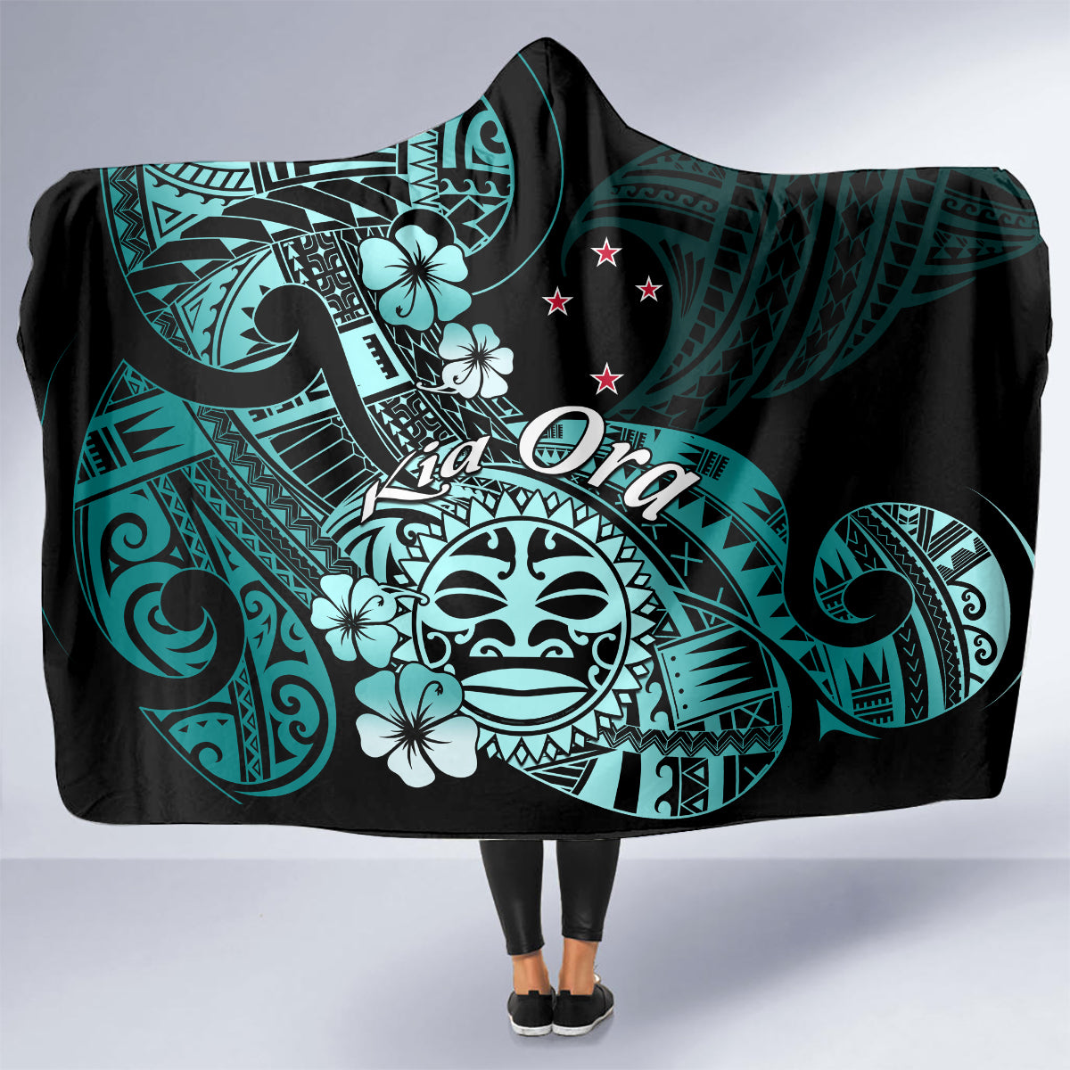 Aotearoa Kia Ora New Zealand Ta Moko Turquoise Version Hooded Blanket LT01 - Polynesian Pride