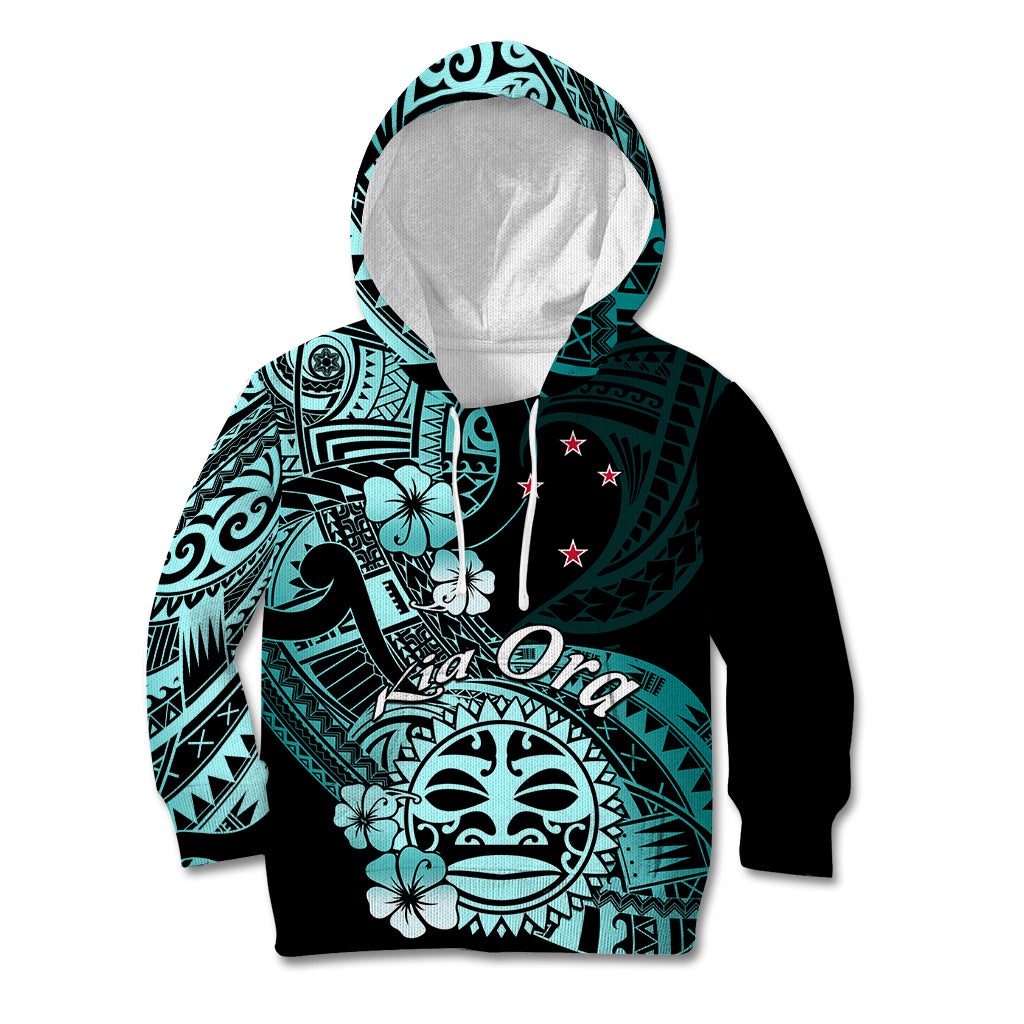 Aotearoa Kia Ora New Zealand Ta Moko Turquoise Version Kid Hoodie LT01 Hoodie Turquoise - Polynesian Pride