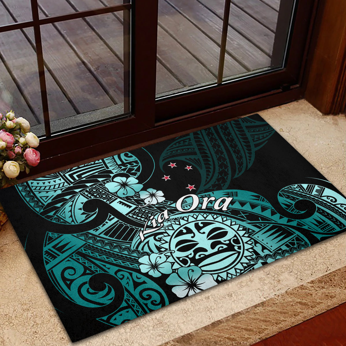 Aotearoa Kia Ora New Zealand Ta Moko Turquoise Version Rubber Doormat LT01 - Polynesian Pride