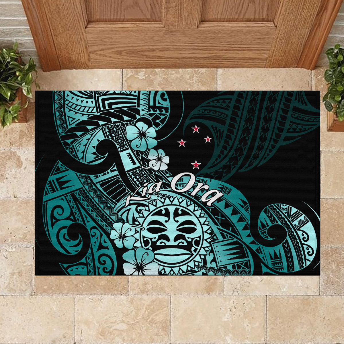 Aotearoa Kia Ora New Zealand Ta Moko Turquoise Version Rubber Doormat LT01 - Polynesian Pride