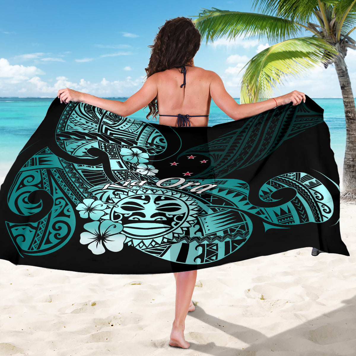Aotearoa Kia Ora New Zealand Ta Moko Turquoise Version Sarong LT01 - Polynesian Pride