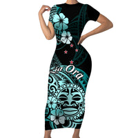 Aotearoa Kia Ora New Zealand Ta Moko Turquoise Version Short Sleeve Bodycon Dress LT01 Long Dress Turquoise - Polynesian Pride