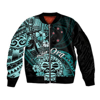 Aotearoa Kia Ora New Zealand Ta Moko Turquoise Version Sleeve Zip Bomber Jacket LT01 Unisex Turquoise - Polynesian Pride