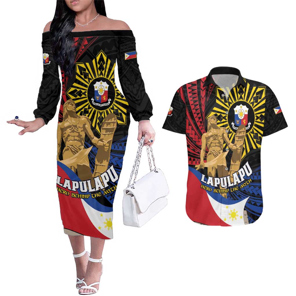 Personalized Lapulapu The First Filipino Hero Couples Matching Off The Shoulder Long Sleeve Dress and Hawaiian Shirt Polynesian Pattern