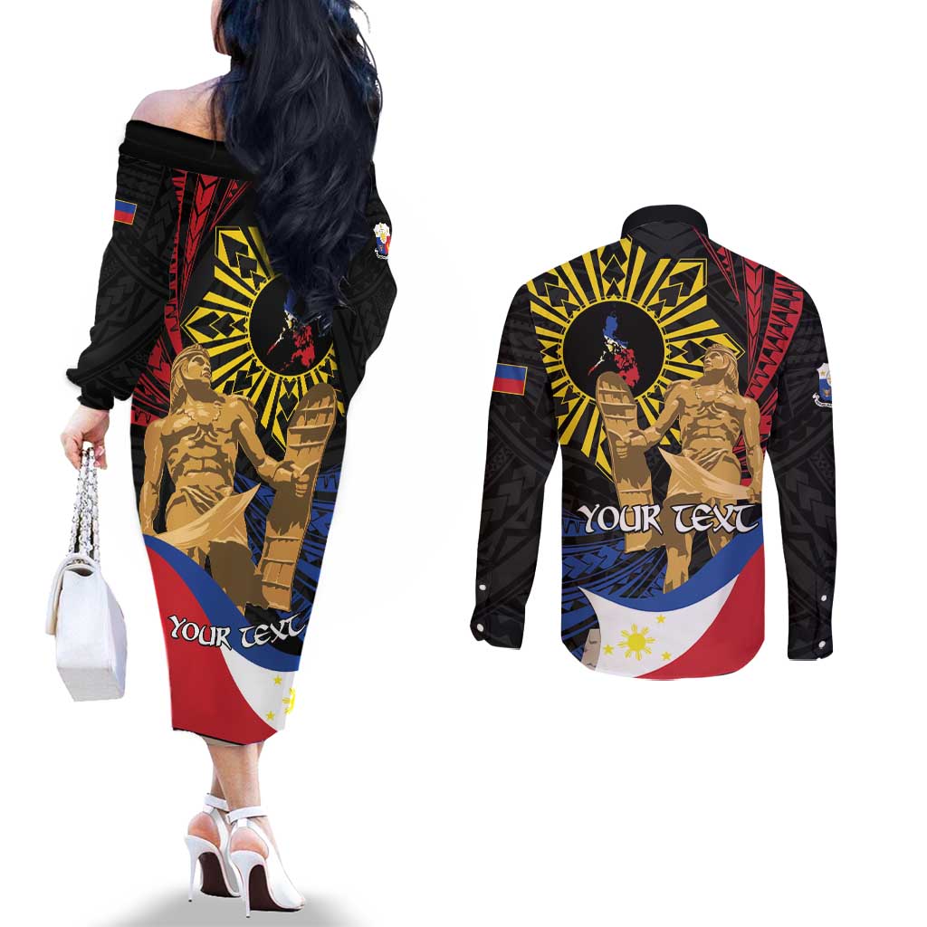 Personalized Lapulapu The First Filipino Hero Couples Matching Off The Shoulder Long Sleeve Dress and Long Sleeve Button Shirt Polynesian Pattern