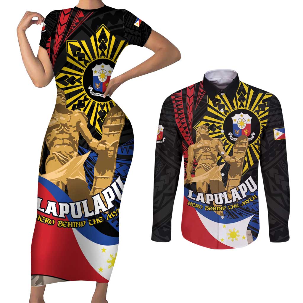 Personalized Lapulapu The First Filipino Hero Couples Matching Short Sleeve Bodycon Dress and Long Sleeve Button Shirt Polynesian Pattern