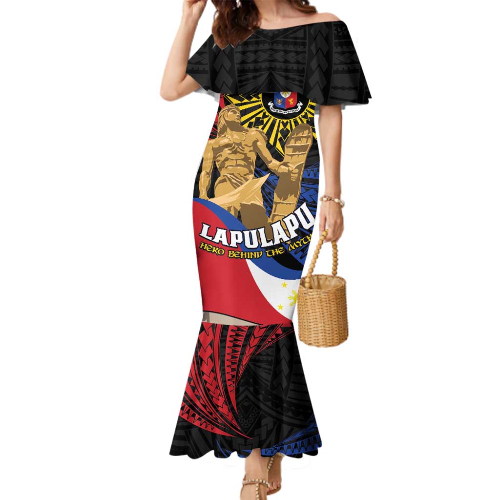 Personalized Lapulapu The First Filipino Hero Family Matching Mermaid Dress and Hawaiian Shirt Polynesian Pattern LT01 Mom's Dress Black - Polynesian Pride