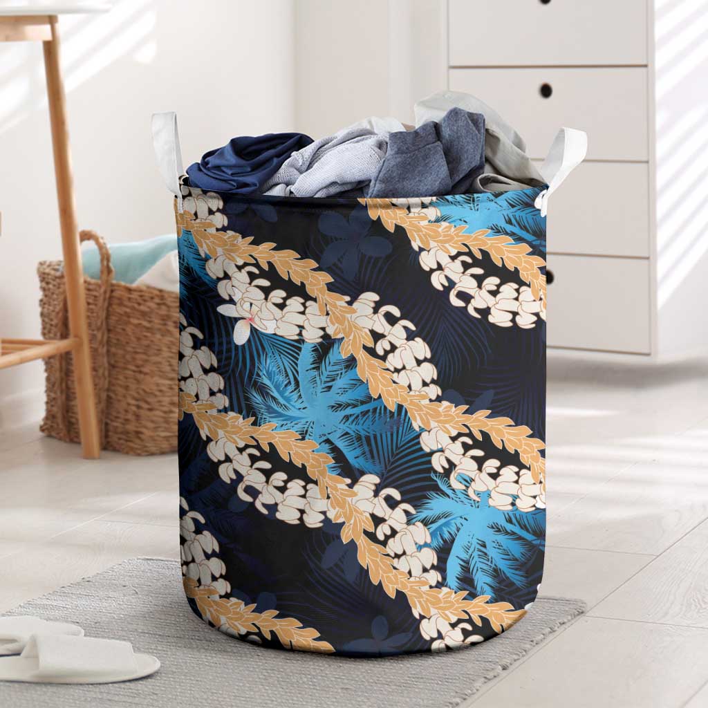 Puakenikeni Maile Lei Laundry Basket Frangipani Blue Tropical Leaves