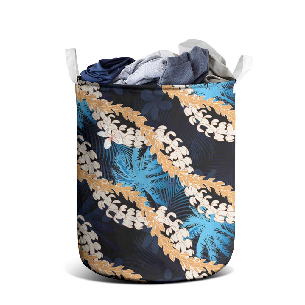 Puakenikeni Maile Lei Laundry Basket Frangipani Blue Tropical Leaves