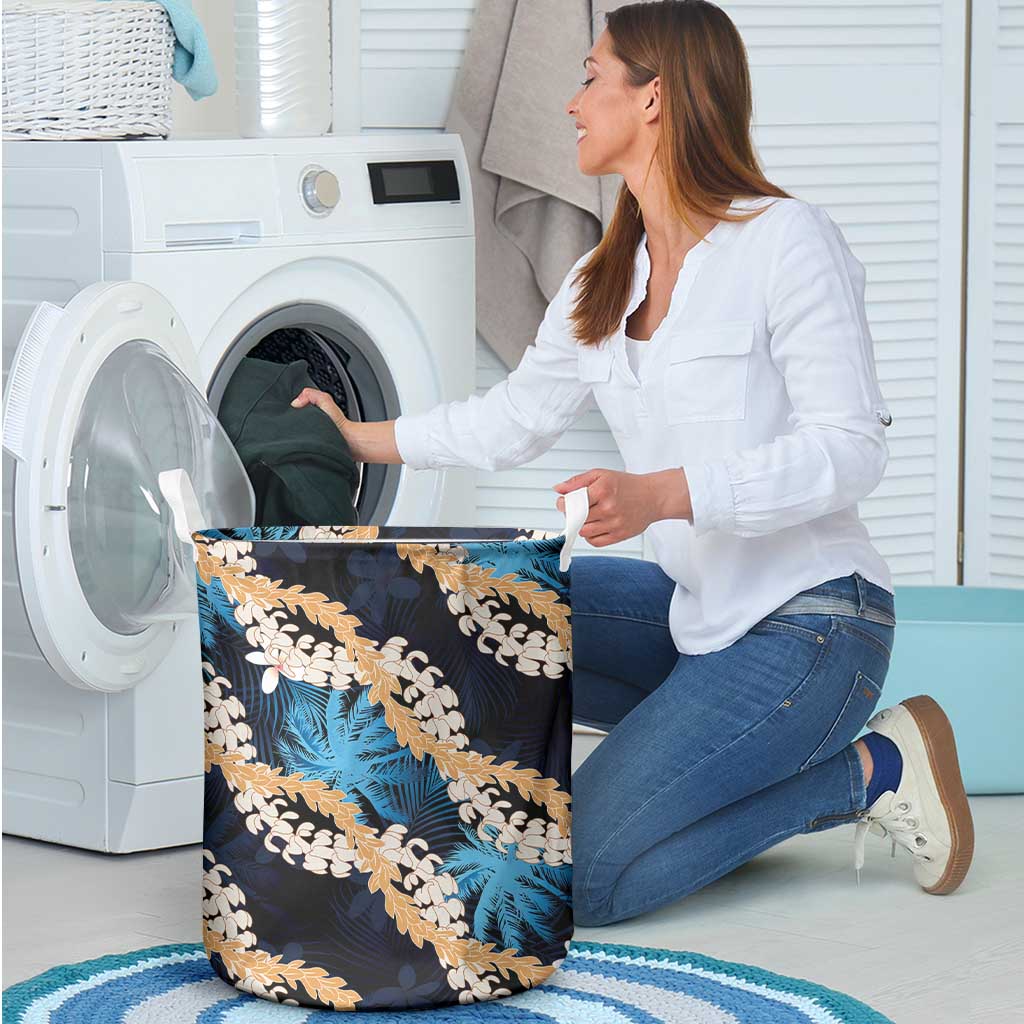 Puakenikeni Maile Lei Laundry Basket Frangipani Blue Tropical Leaves