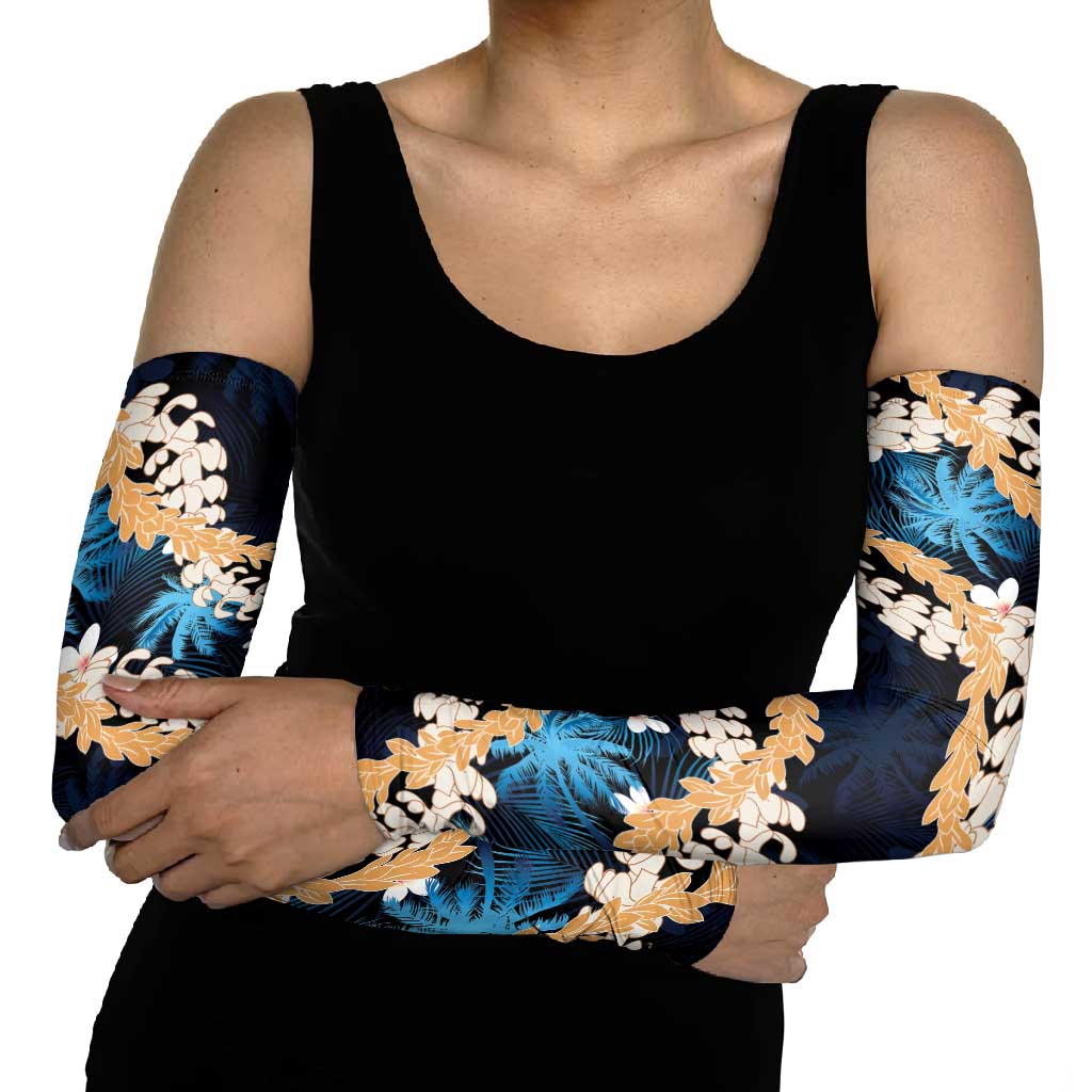 Puakenikeni Maile Lei Arm Sleeves Frangipani Blue Tropical Leaves LT01 - Polynesian Pride