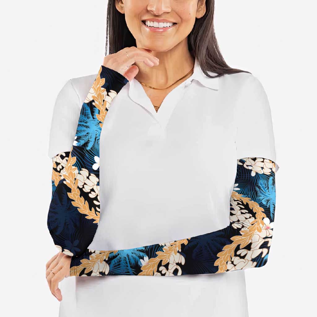 Puakenikeni Maile Lei Arm Sleeves Frangipani Blue Tropical Leaves LT01 - Polynesian Pride