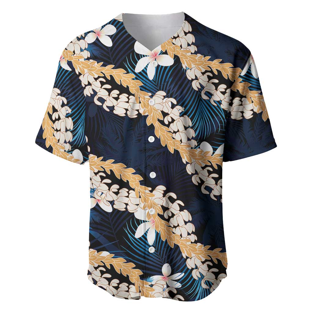 Puakenikeni Maile Lei Baseball Jersey Frangipani Blue Tropical Leaves