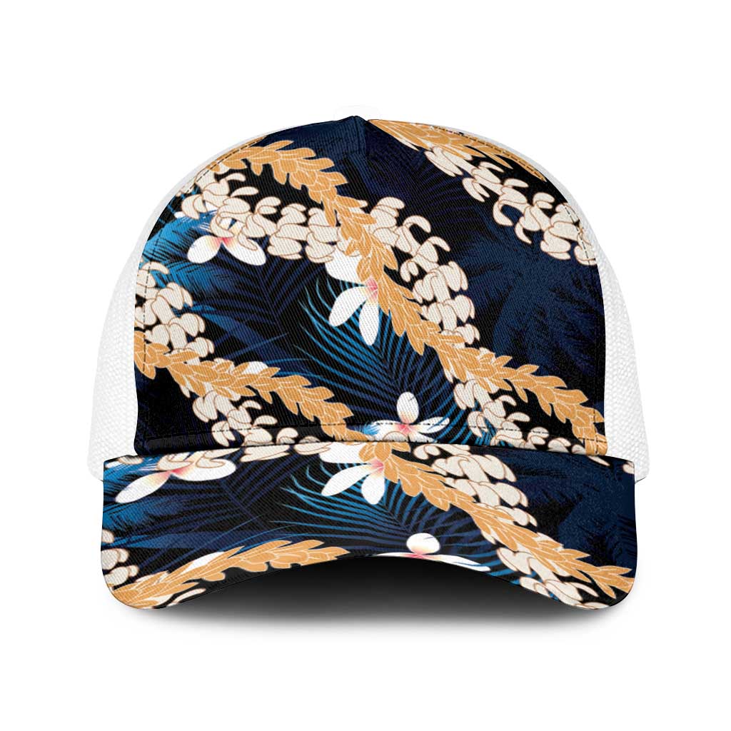 Puakenikeni Maile Lei Baseball Net Cap Frangipani Blue Tropical Leaves LT01 One Size White Blue - Polynesian Pride