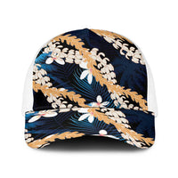 Puakenikeni Maile Lei Baseball Net Cap Frangipani Blue Tropical Leaves LT01 One Size White Blue - Polynesian Pride