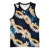 Puakenikeni Maile Lei Basketball Jersey Frangipani Blue Tropical Leaves