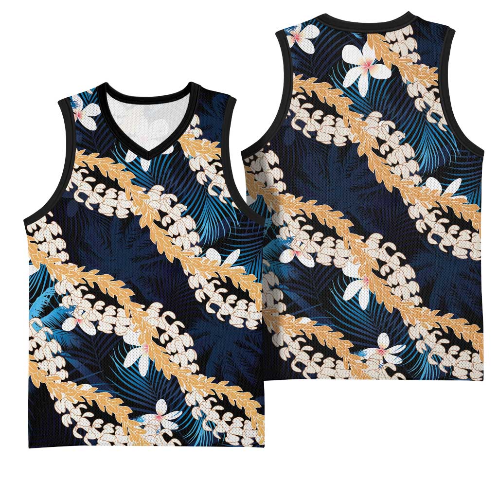 Puakenikeni Maile Lei Basketball Jersey Frangipani Blue Tropical Leaves