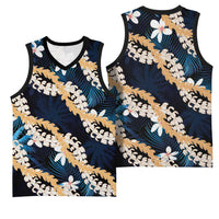 Puakenikeni Maile Lei Basketball Jersey Frangipani Blue Tropical Leaves