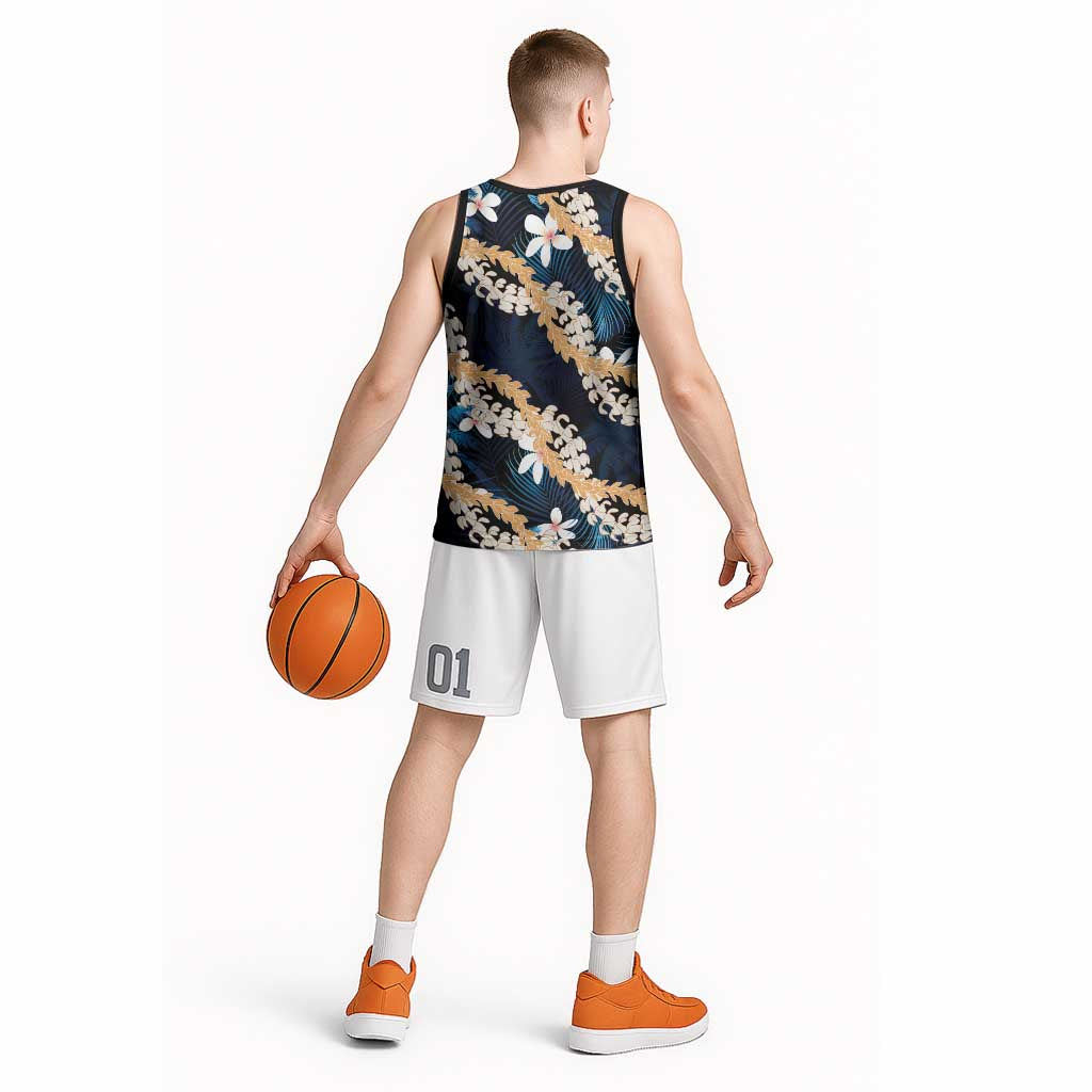 Puakenikeni Maile Lei Basketball Jersey Frangipani Blue Tropical Leaves