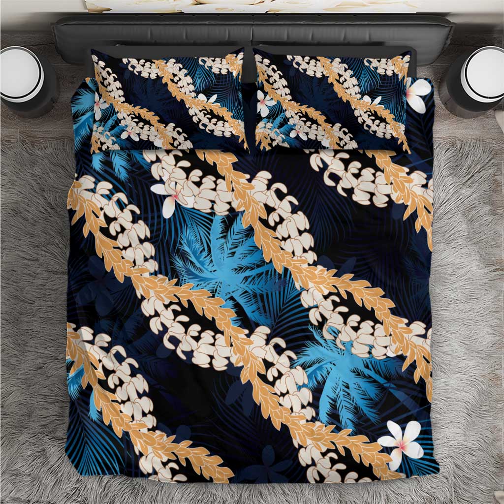 Puakenikeni Maile Lei Bedding Set Frangipani Blue Tropical Leaves