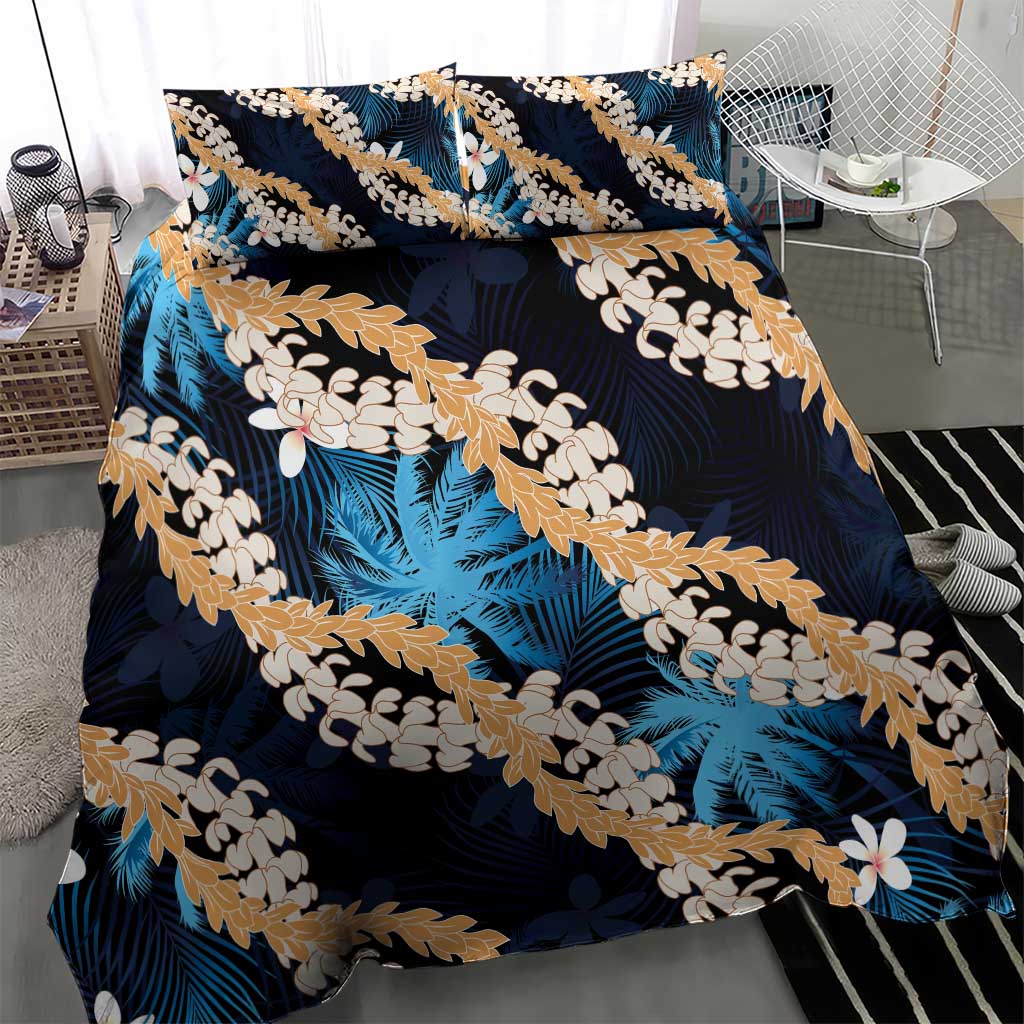 Puakenikeni Maile Lei Bedding Set Frangipani Blue Tropical Leaves