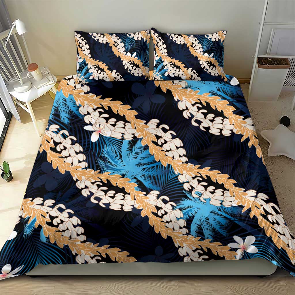 Puakenikeni Maile Lei Bedding Set Frangipani Blue Tropical Leaves