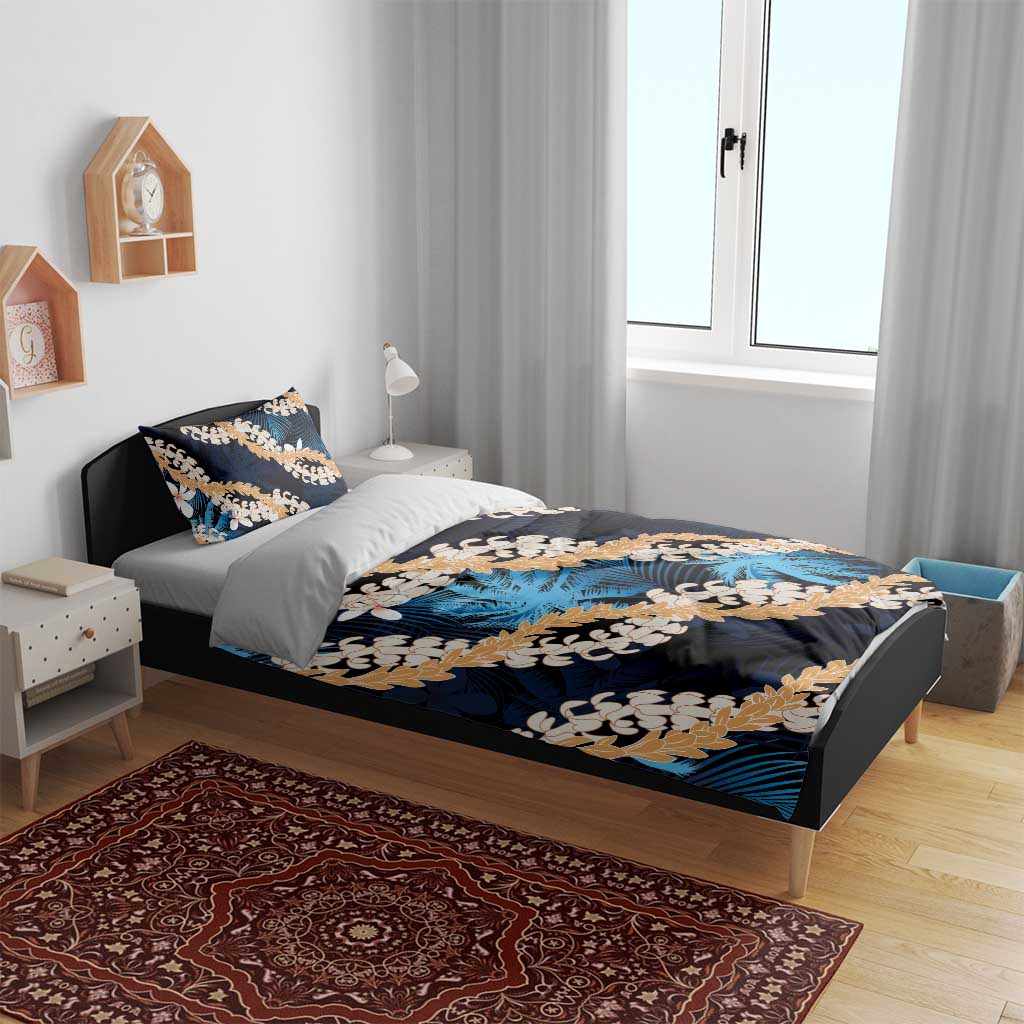 Puakenikeni Maile Lei Bedding Set Frangipani Blue Tropical Leaves