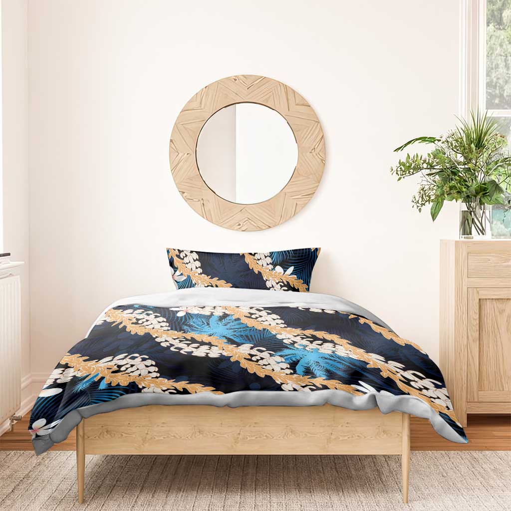 Puakenikeni Maile Lei Bedding Set Frangipani Blue Tropical Leaves
