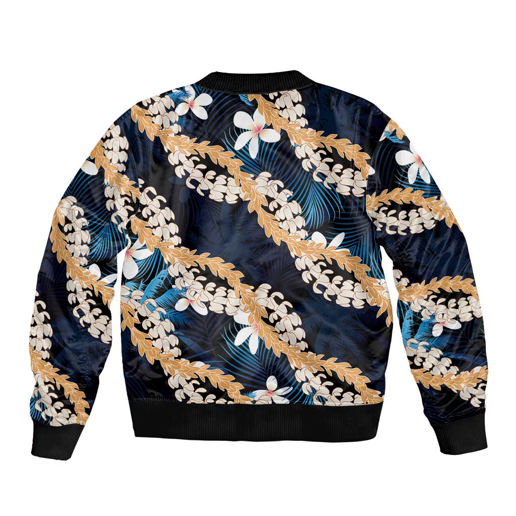 Puakenikeni Maile Lei Bomber Jacket Frangipani Blue Tropical Leaves LT01 - Polynesian Pride