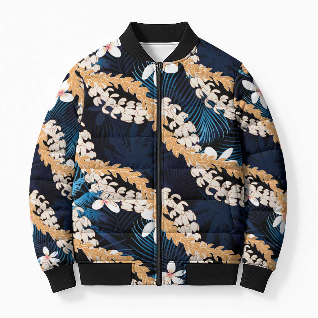 Puakenikeni Maile Lei Bomber Puffer Jacket Frangipani Blue Tropical Leaves
