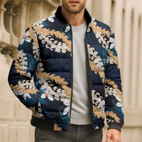 Puakenikeni Maile Lei Bomber Puffer Jacket Frangipani Blue Tropical Leaves