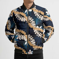 Puakenikeni Maile Lei Bomber Puffer Jacket Frangipani Blue Tropical Leaves