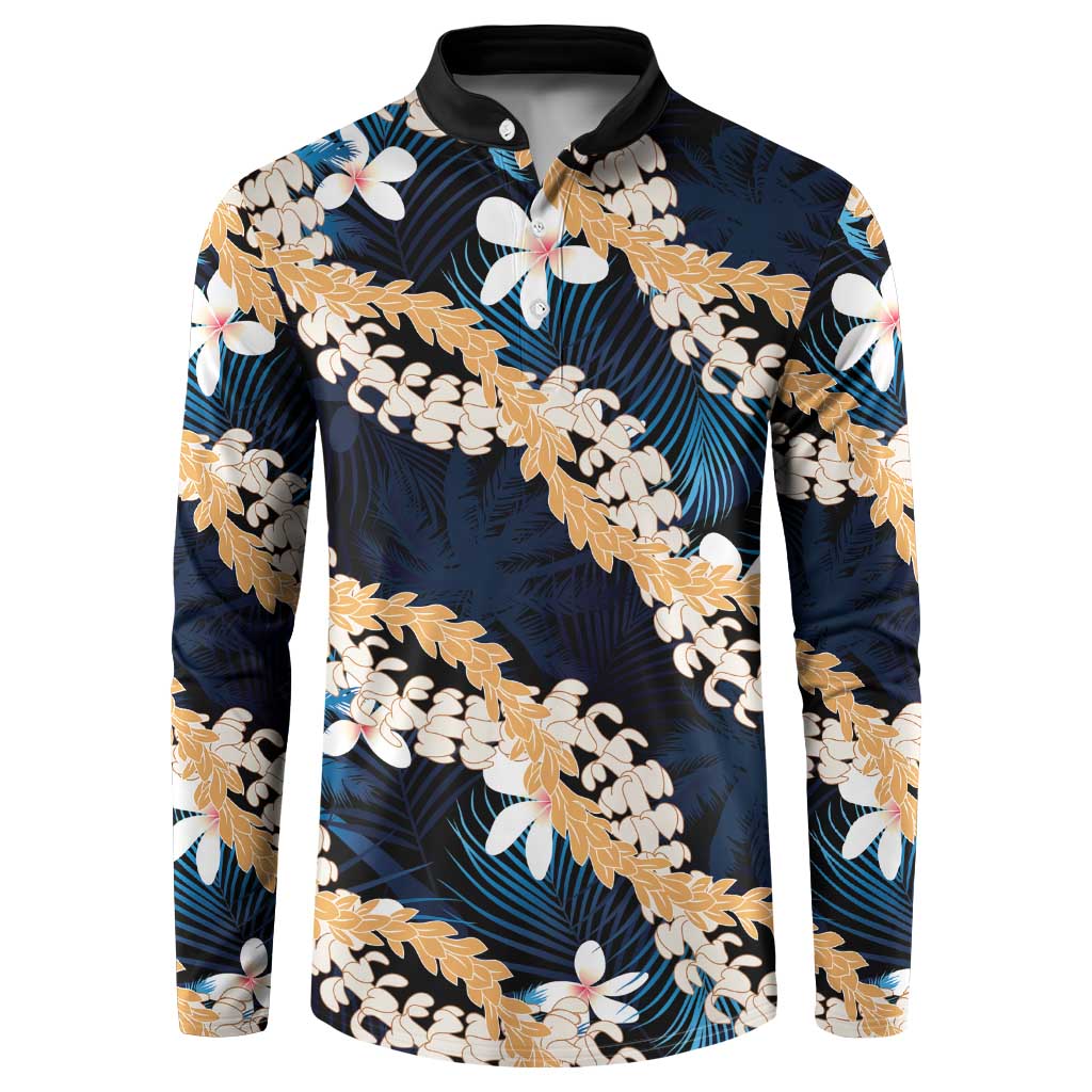 Puakenikeni Maile Lei Button Sweatshirt Frangipani Blue Tropical Leaves