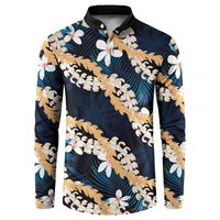 Puakenikeni Maile Lei Button Sweatshirt Frangipani Blue Tropical Leaves