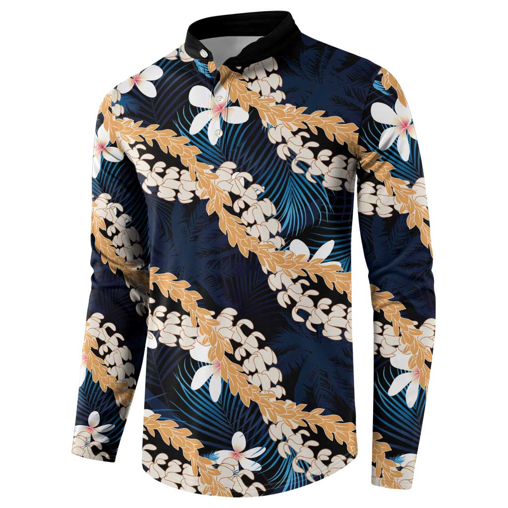 Puakenikeni Maile Lei Button Sweatshirt Frangipani Blue Tropical Leaves
