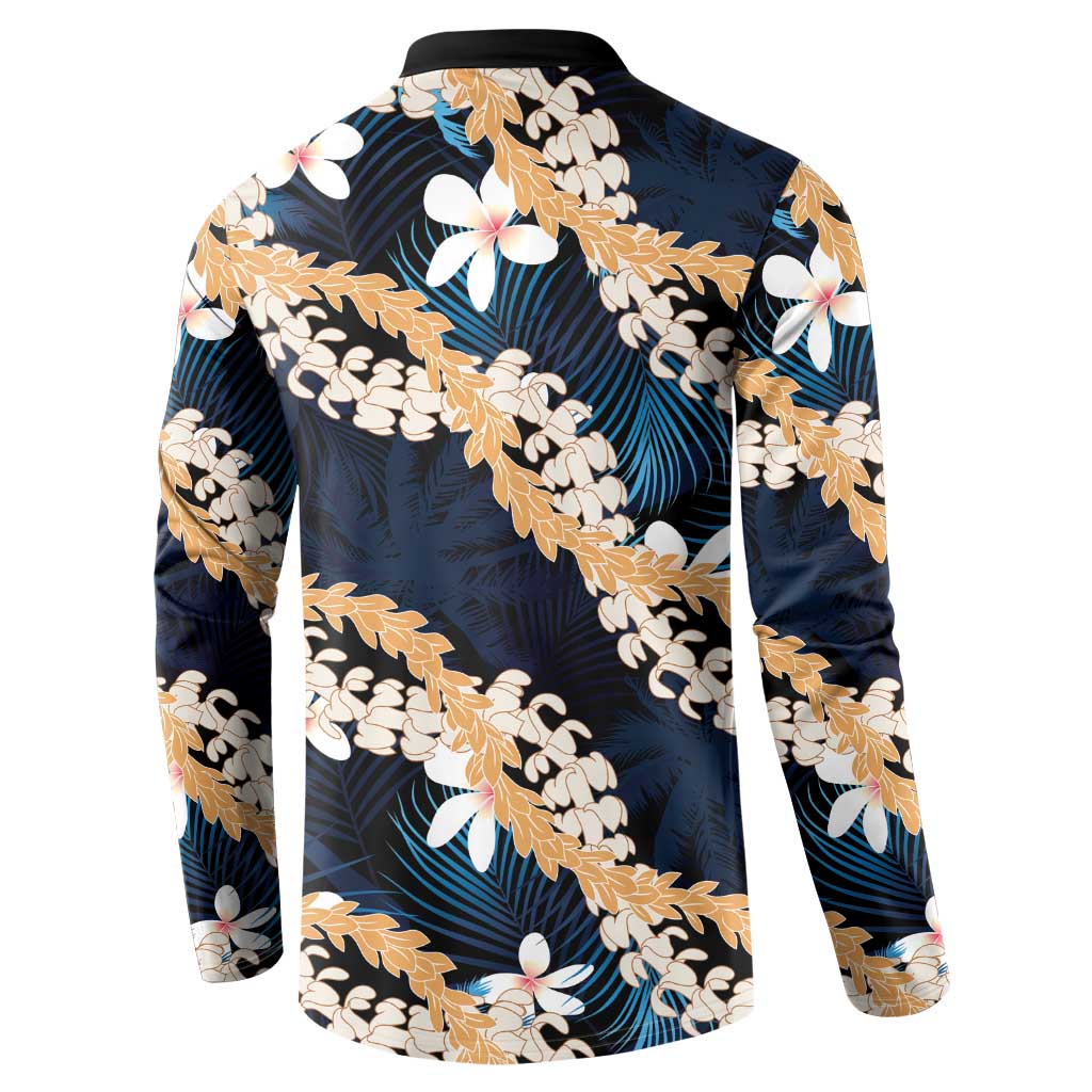 Puakenikeni Maile Lei Button Sweatshirt Frangipani Blue Tropical Leaves