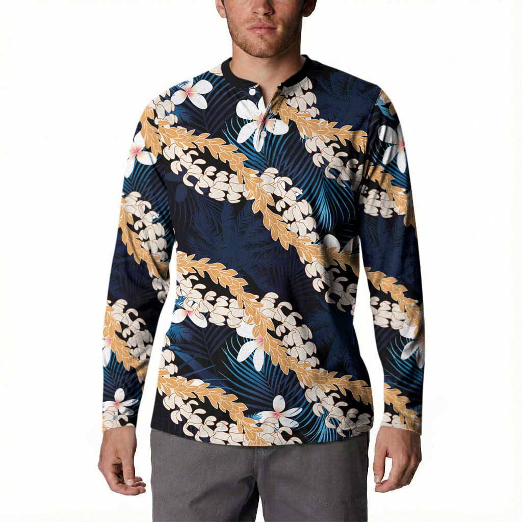 Puakenikeni Maile Lei Button Sweatshirt Frangipani Blue Tropical Leaves