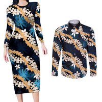 Puakenikeni Maile Lei Couples Matching Long Sleeve Bodycon Dress and Long Sleeve Button Shirt Frangipani Blue Tropical Leaves