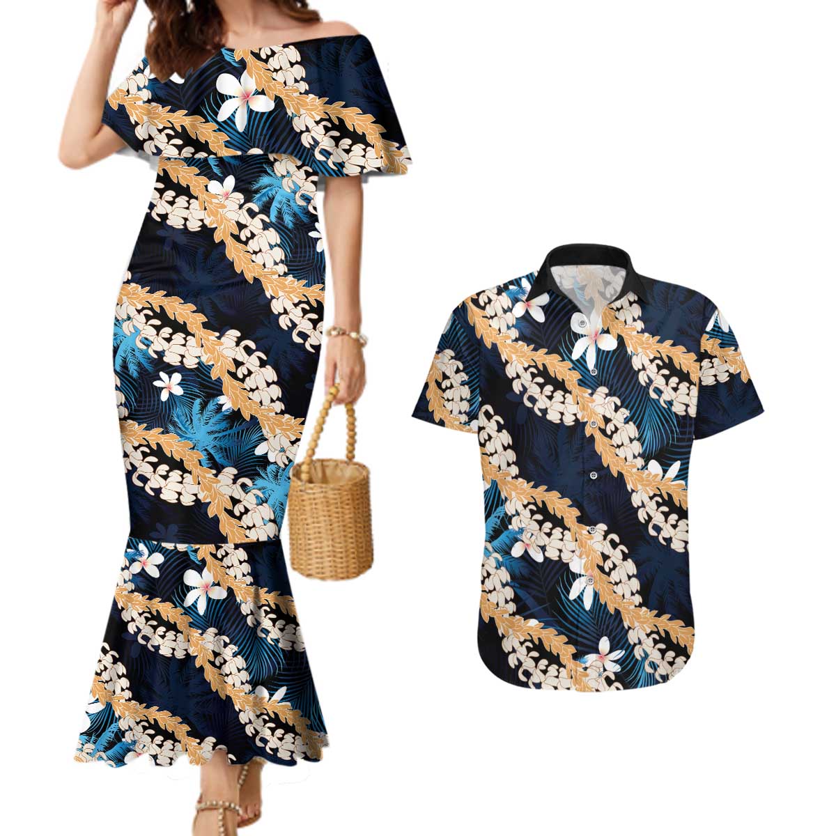 Puakenikeni Maile Lei Couples Matching Mermaid Dress and Hawaiian Shirt Frangipani Blue Tropical Leaves