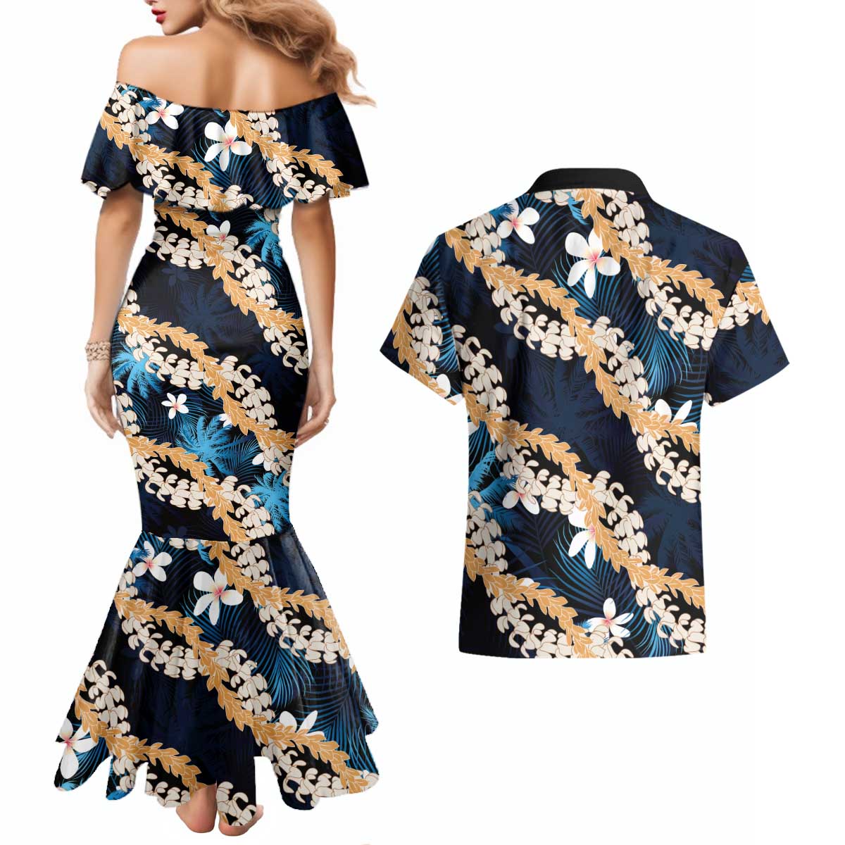 Puakenikeni Maile Lei Couples Matching Mermaid Dress and Hawaiian Shirt Frangipani Blue Tropical Leaves