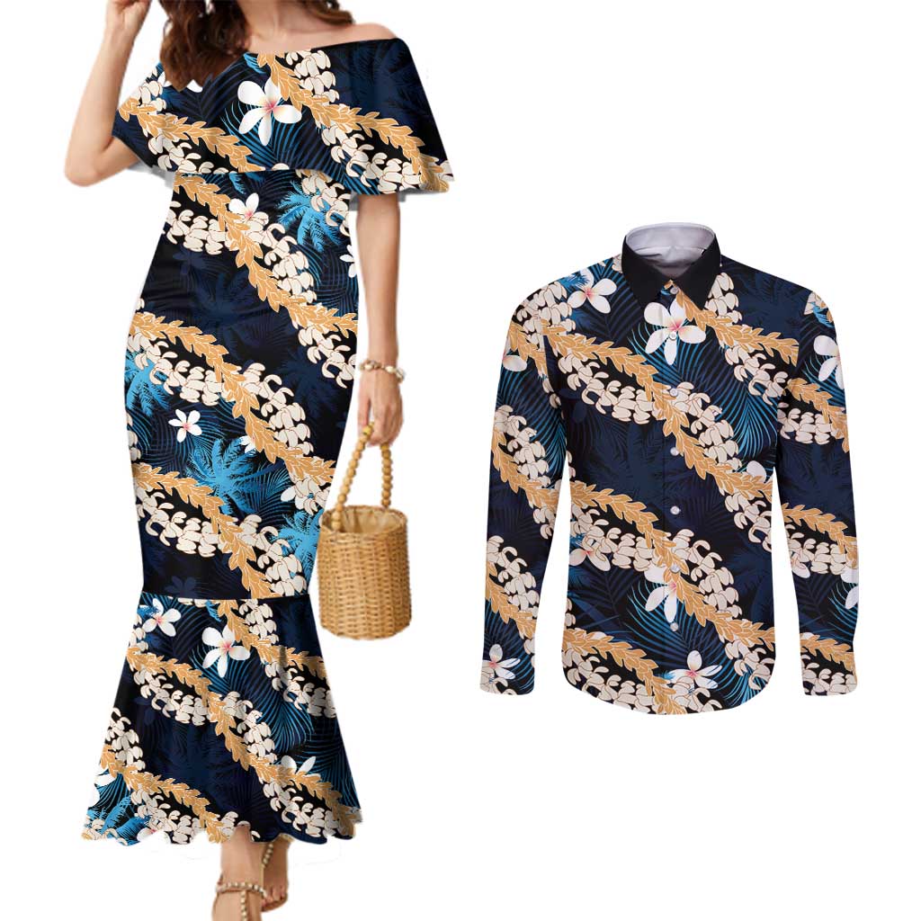 Puakenikeni Maile Lei Couples Matching Mermaid Dress and Long Sleeve Button Shirt Frangipani Blue Tropical Leaves