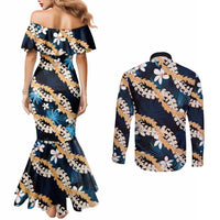 Puakenikeni Maile Lei Couples Matching Mermaid Dress and Long Sleeve Button Shirt Frangipani Blue Tropical Leaves