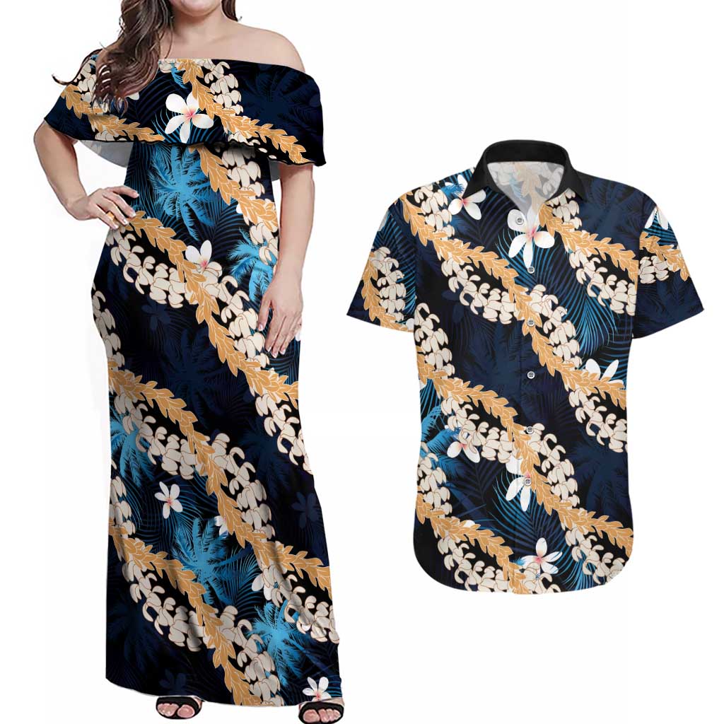 Puakenikeni Maile Lei Couples Matching Off Shoulder Maxi Dress and Hawaiian Shirt Frangipani Blue Tropical Leaves