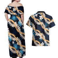 Puakenikeni Maile Lei Couples Matching Off Shoulder Maxi Dress and Hawaiian Shirt Frangipani Blue Tropical Leaves