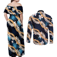 Puakenikeni Maile Lei Couples Matching Off Shoulder Maxi Dress and Long Sleeve Button Shirt Frangipani Blue Tropical Leaves LT01 - Polynesian Pride