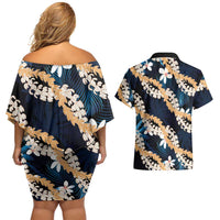 Puakenikeni Maile Lei Couples Matching Off Shoulder Short Dress and Hawaiian Shirt Frangipani Blue Tropical Leaves