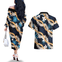 Puakenikeni Maile Lei Couples Matching Off The Shoulder Long Sleeve Dress and Hawaiian Shirt Frangipani Blue Tropical Leaves LT01 - Polynesian Pride
