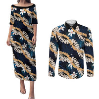 Puakenikeni Maile Lei Couples Matching Puletasi and Long Sleeve Button Shirt Frangipani Blue Tropical Leaves LT01 Blue - Polynesian Pride