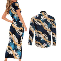 Puakenikeni Maile Lei Couples Matching Short Sleeve Bodycon Dress and Long Sleeve Button Shirt Frangipani Blue Tropical Leaves